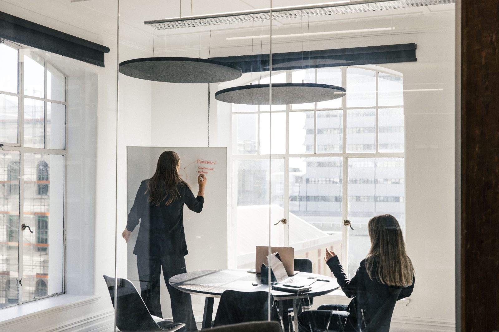 A glass meeting room with two round dark grey acoustic pendants over a table, one woman writing on a glassboard and another at a laptop